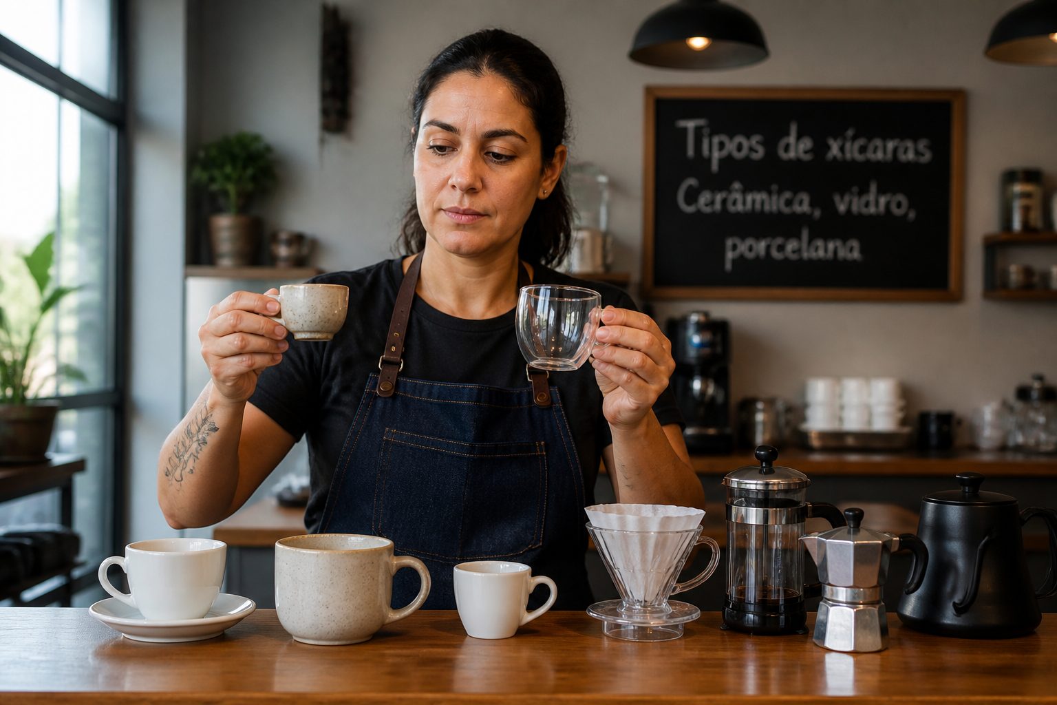 A woman barista compares different coffee cups on a cafe counter with brewing tools nearby.