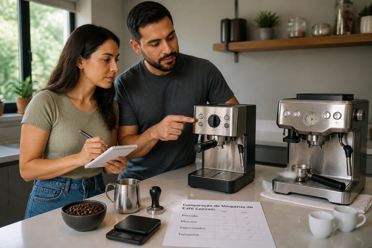 A man and a woman compare two espresso machines on a home kitchen counter while reviewing a printed checklist.