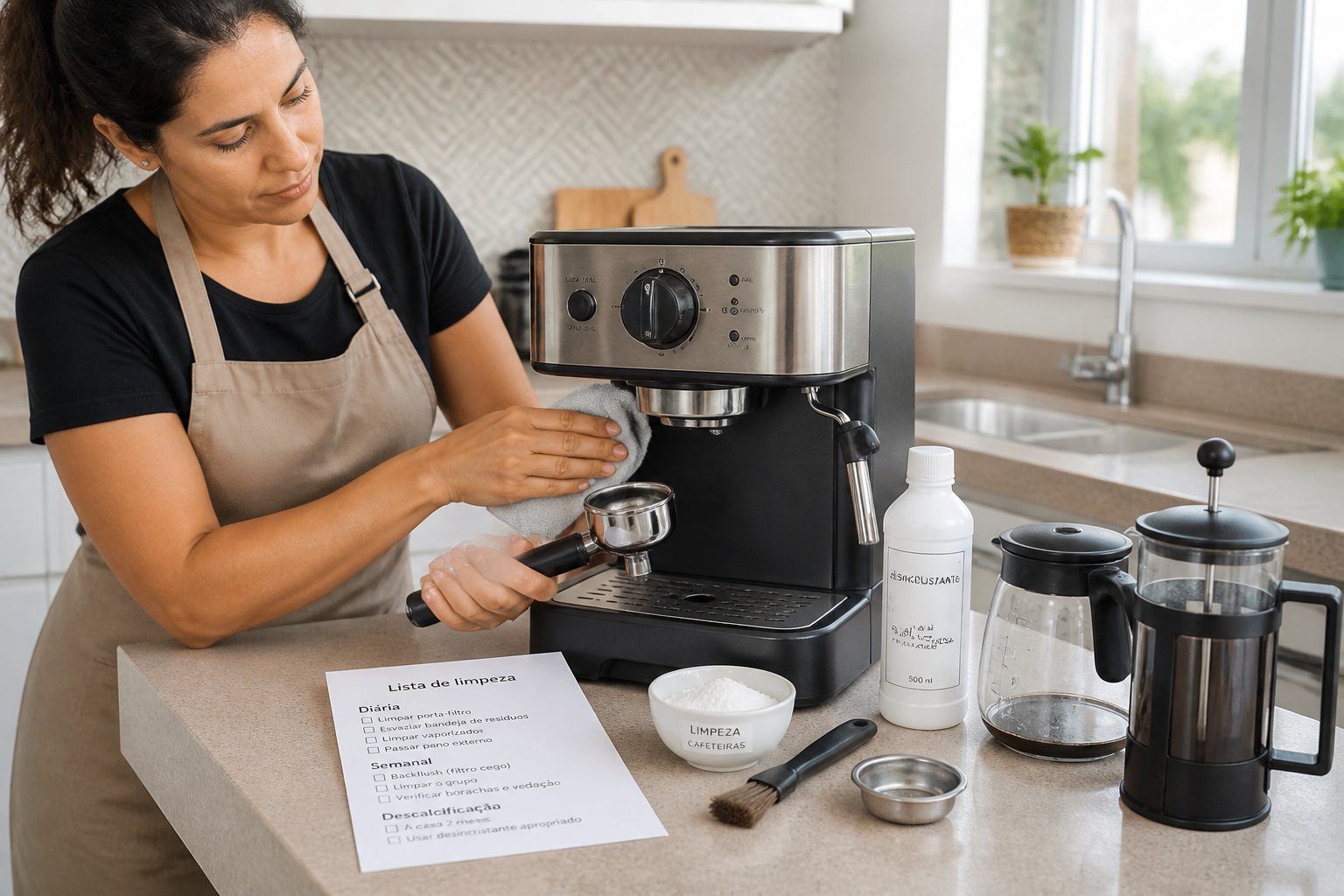 A woman cleans an espresso machine with a cloth while coffee cleaning tools and other brewing equipment sit on the kitchen counter.