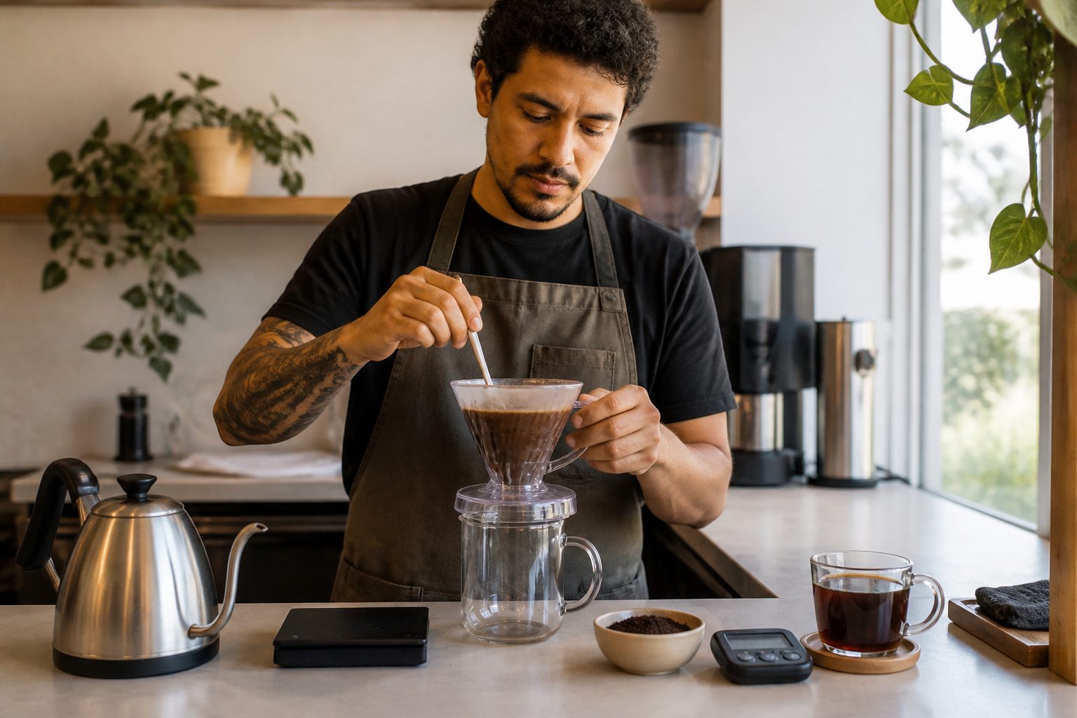 A Brazilian barista prepares coffee using a Clever Dripper on a glass server with a kettle and scale on the counter.