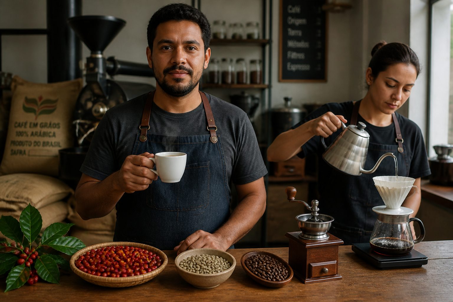 Two adults in a coffee shop show coffee cherries, green and roasted beans, and a pour over brew while one holds a cup of coffee.