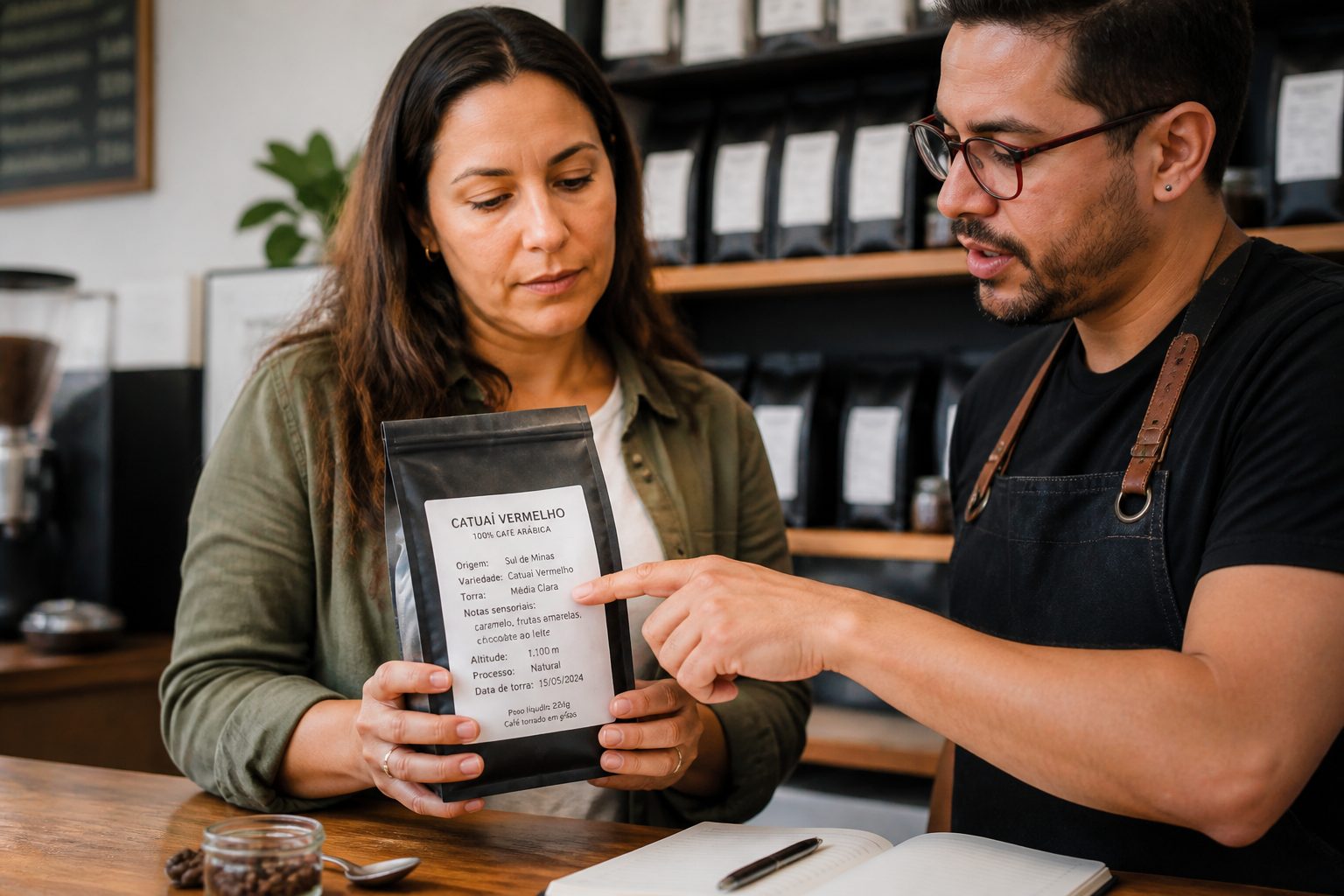A woman reads a coffee bean bag label while a barista points to the information on the package in a coffee shop.