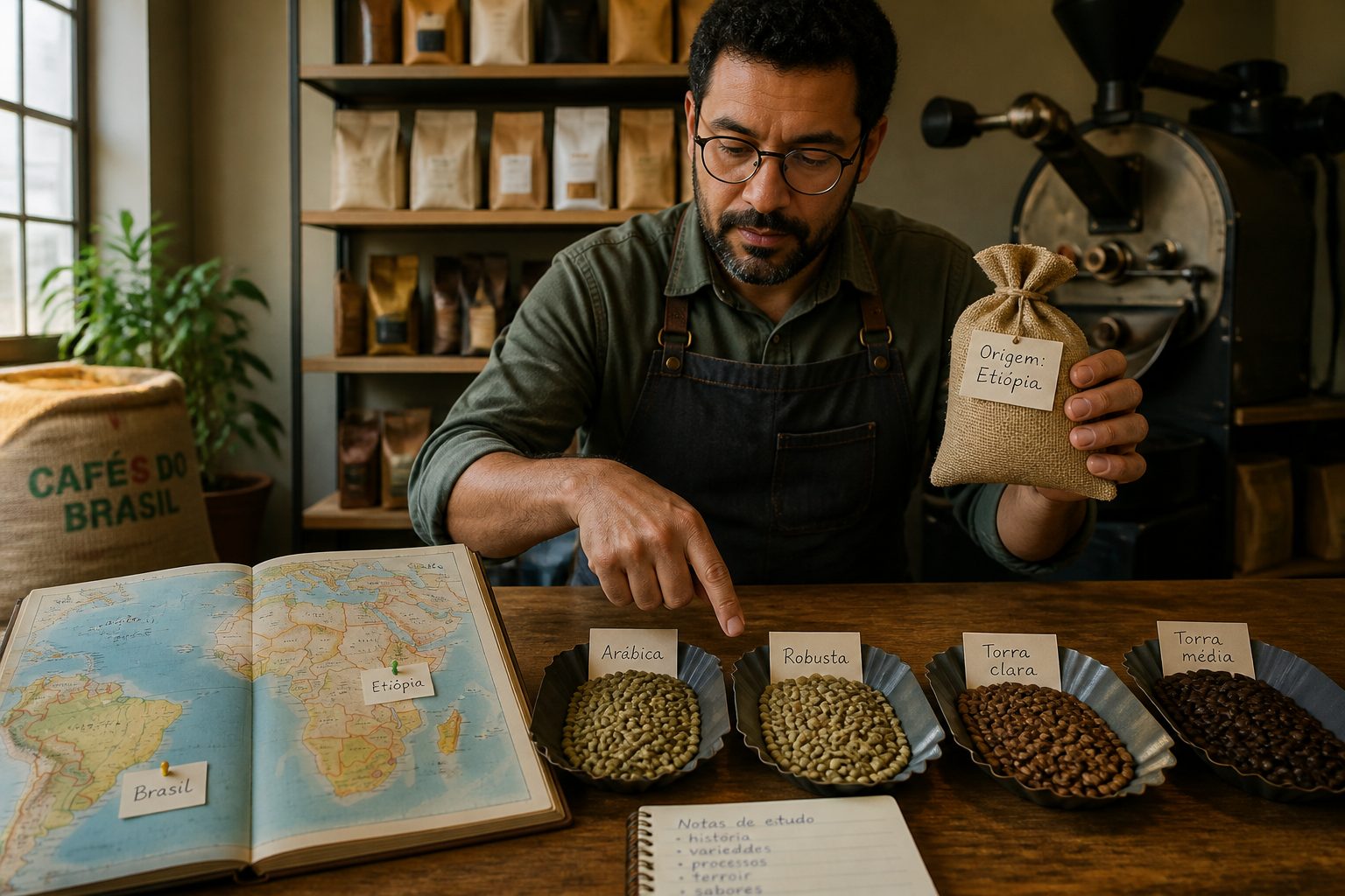A Brazilian barista shows different coffee beans on cupping trays while pointing to a world map of coffee origins.