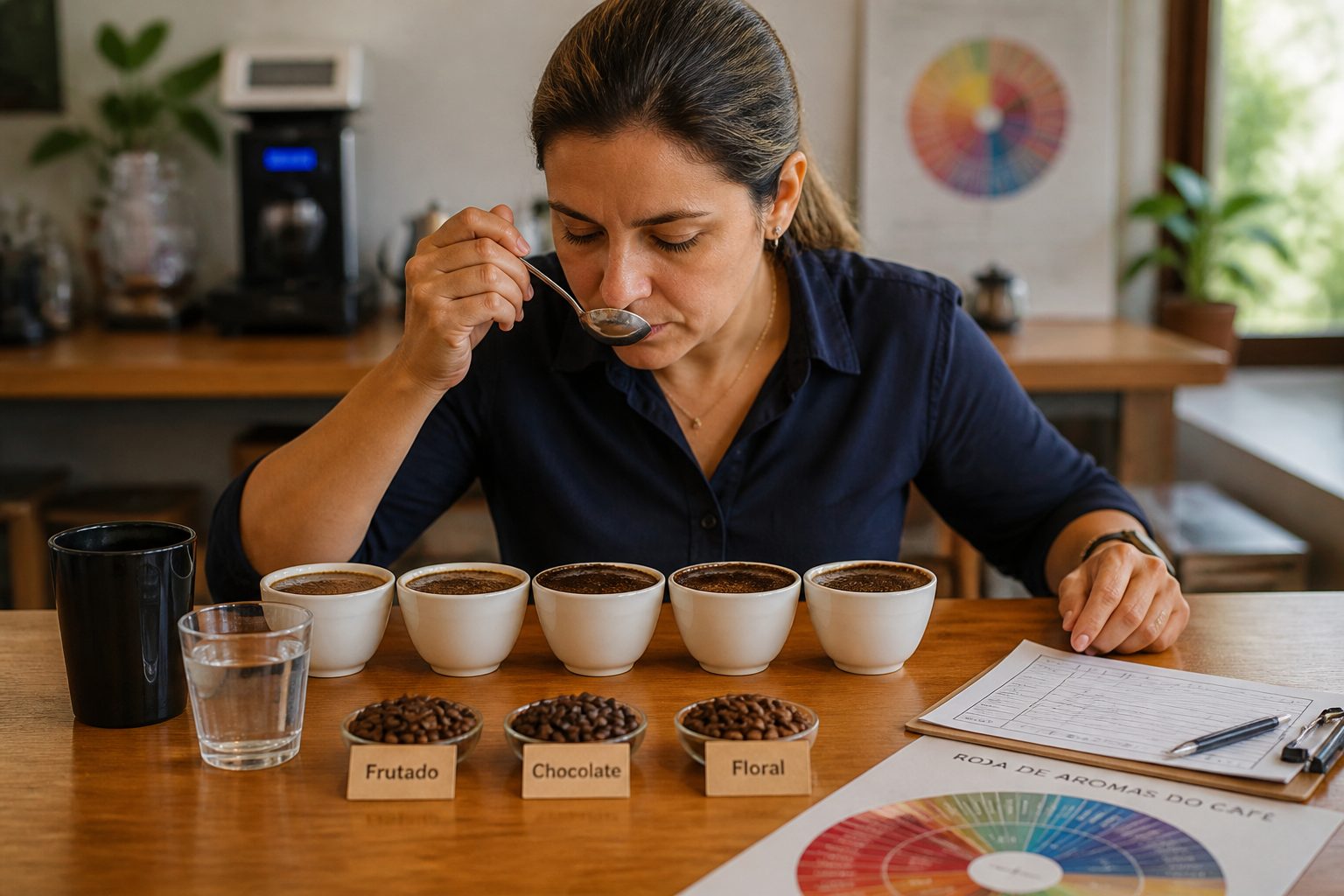 A Brazilian woman performs coffee cupping, smelling a spoon while tasting bowls of coffee and comparing labeled flavor profiles on a table.