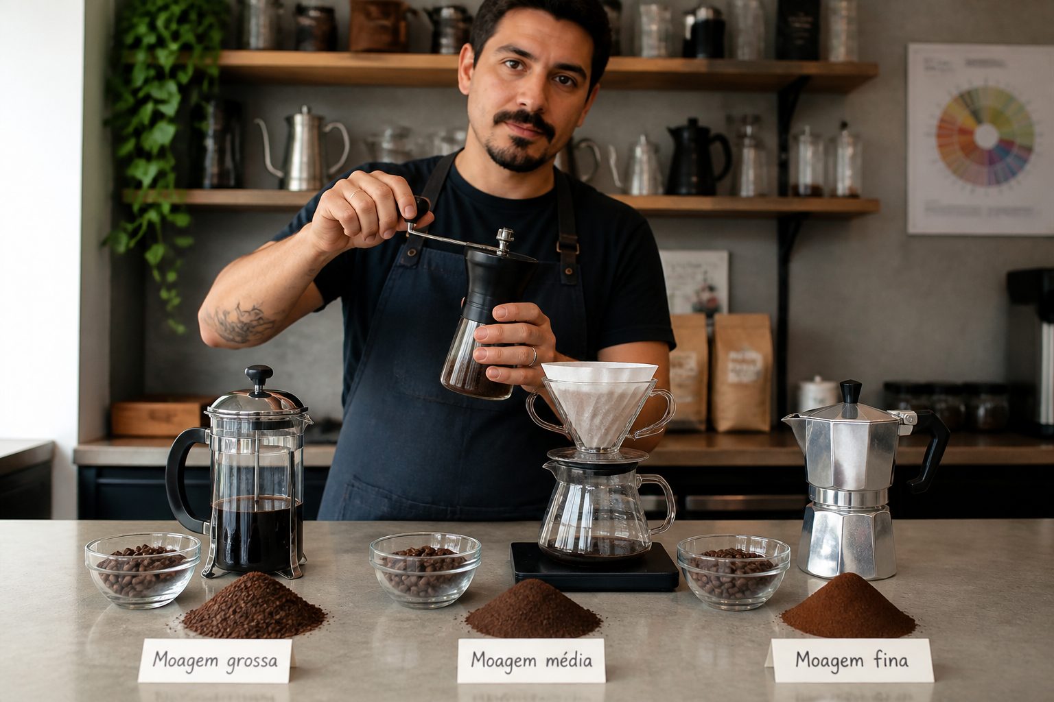 A Brazilian barista compares coarse, medium, and fine coffee grinds on a counter next to a French press, V60 dripper, and moka pot.