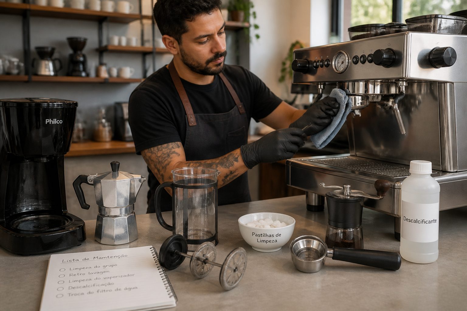 A barista cleans an espresso machine with a cloth and brush while other coffee makers and maintenance tools sit on a counter.