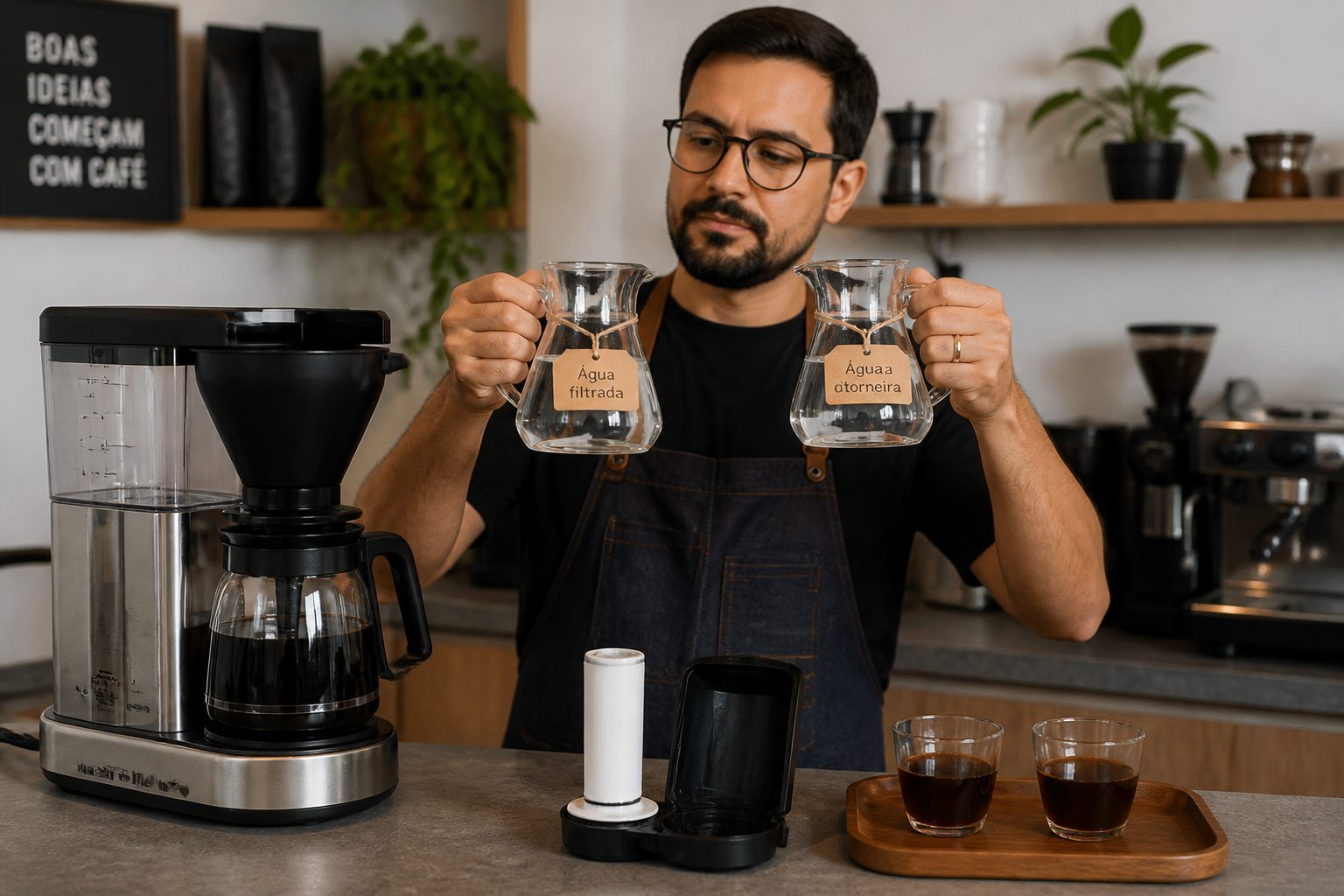 A barista compares filtered water and tap water beside a drip coffee maker and a coffee machine water filter cartridge.