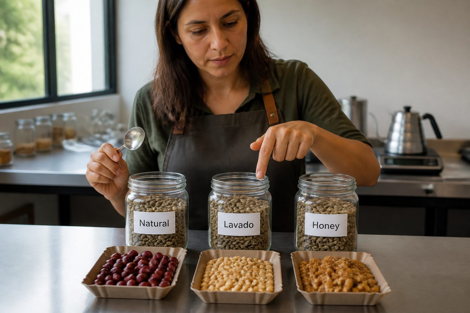 A Brazilian coffee professional compares three jars labeled natural, washed, and honey with coffee samples on a cupping table.