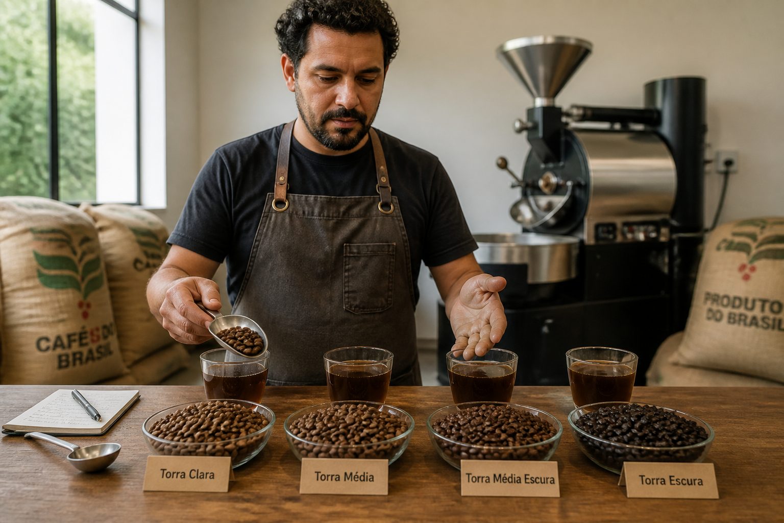 A barista in a coffee roastery points to bowls of coffee beans arranged from light roast to dark roast on a table.