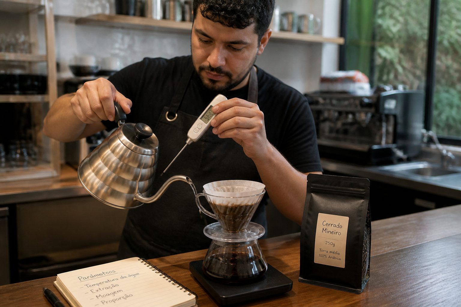 A male barista uses a digital thermometer to check water temperature while preparing pour over coffee on a counter.