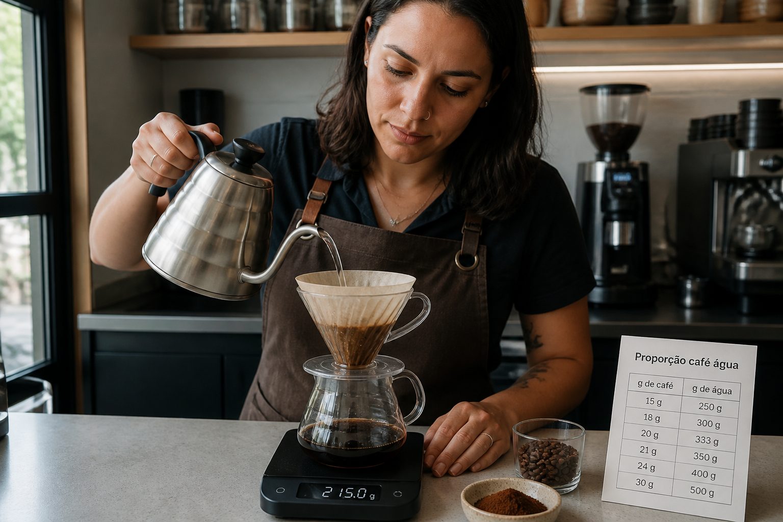 A woman barista pours water from a gooseneck kettle into a pour over dripper on a digital scale to measure coffee to water ratio.