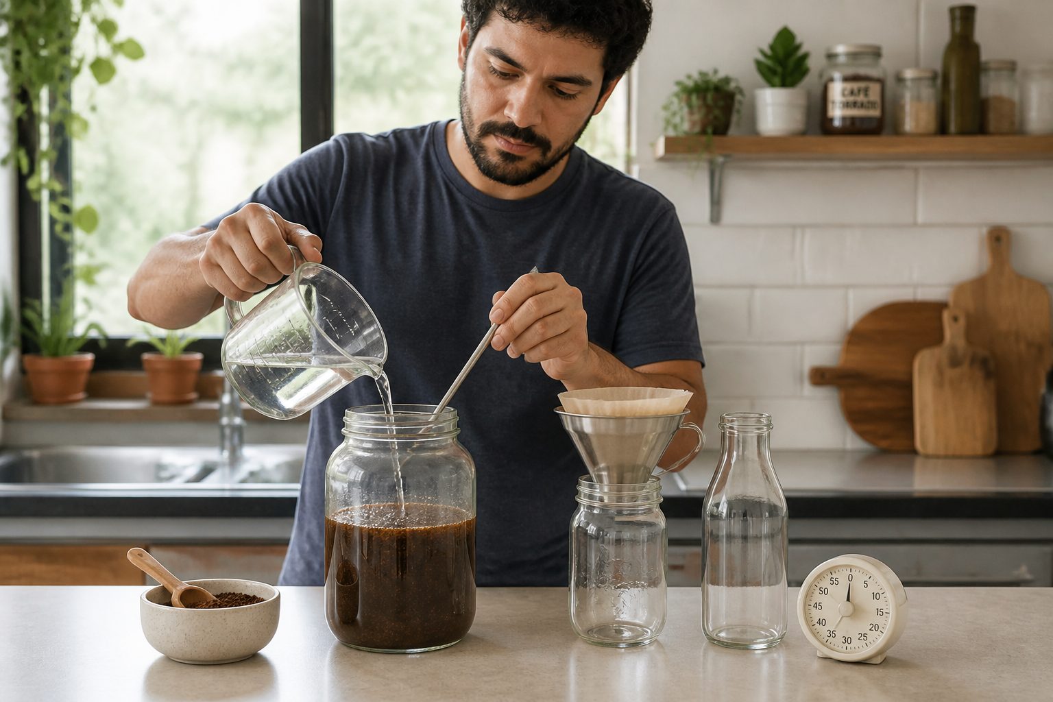 A man in a home kitchen stirs coffee grounds and water in a glass jar while setting up a simple filter to make cold brew.