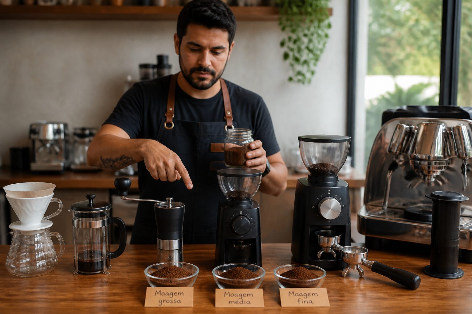 A barista compares different coffee grinders and shows grind sizes next to espresso, pour over, French press, and AeroPress tools on a coffee counter.