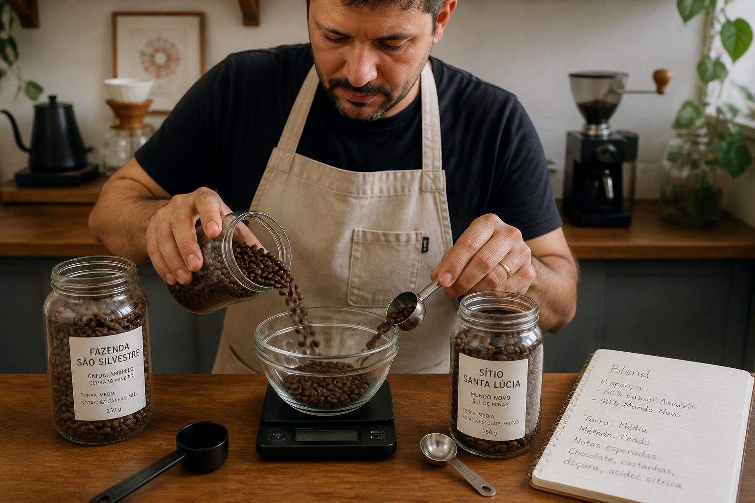 A Brazilian home barista weighs different coffee beans on a scale and mixes them in a bowl on a kitchen counter.