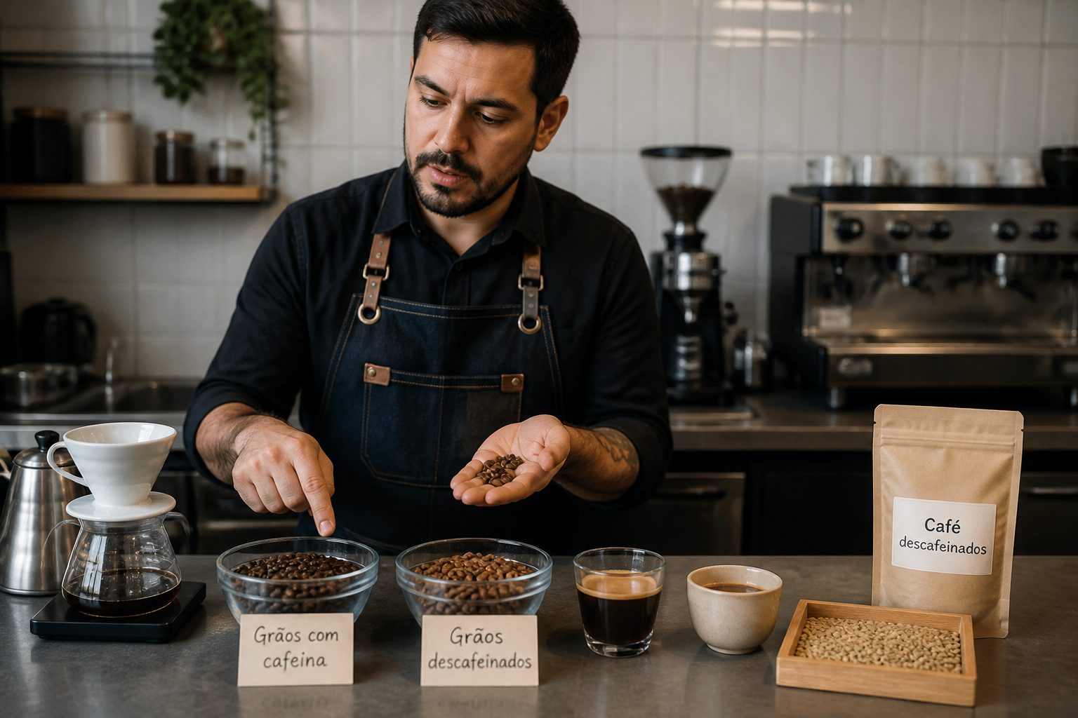 A man at a coffee bar compares decaffeinated and regular coffee beans in labeled bowls next to brewed coffee.
