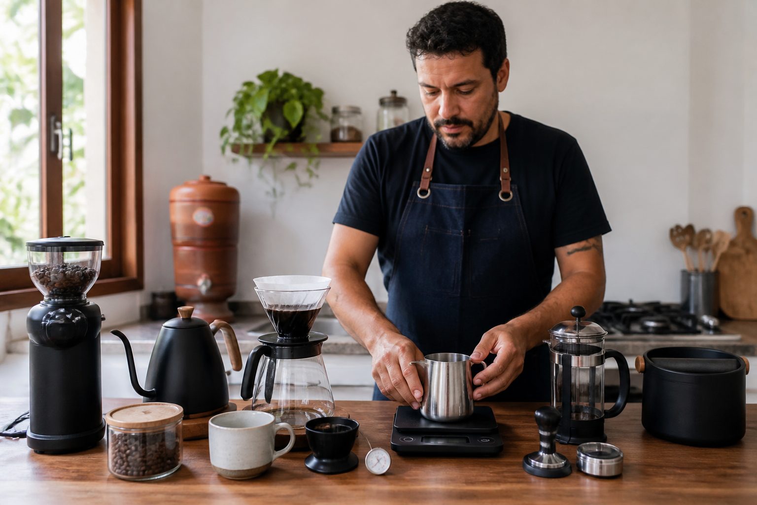 A man in a home kitchen arranges essential barista accessories like a grinder, scale, gooseneck kettle, dripper, and tamper on a countertop.