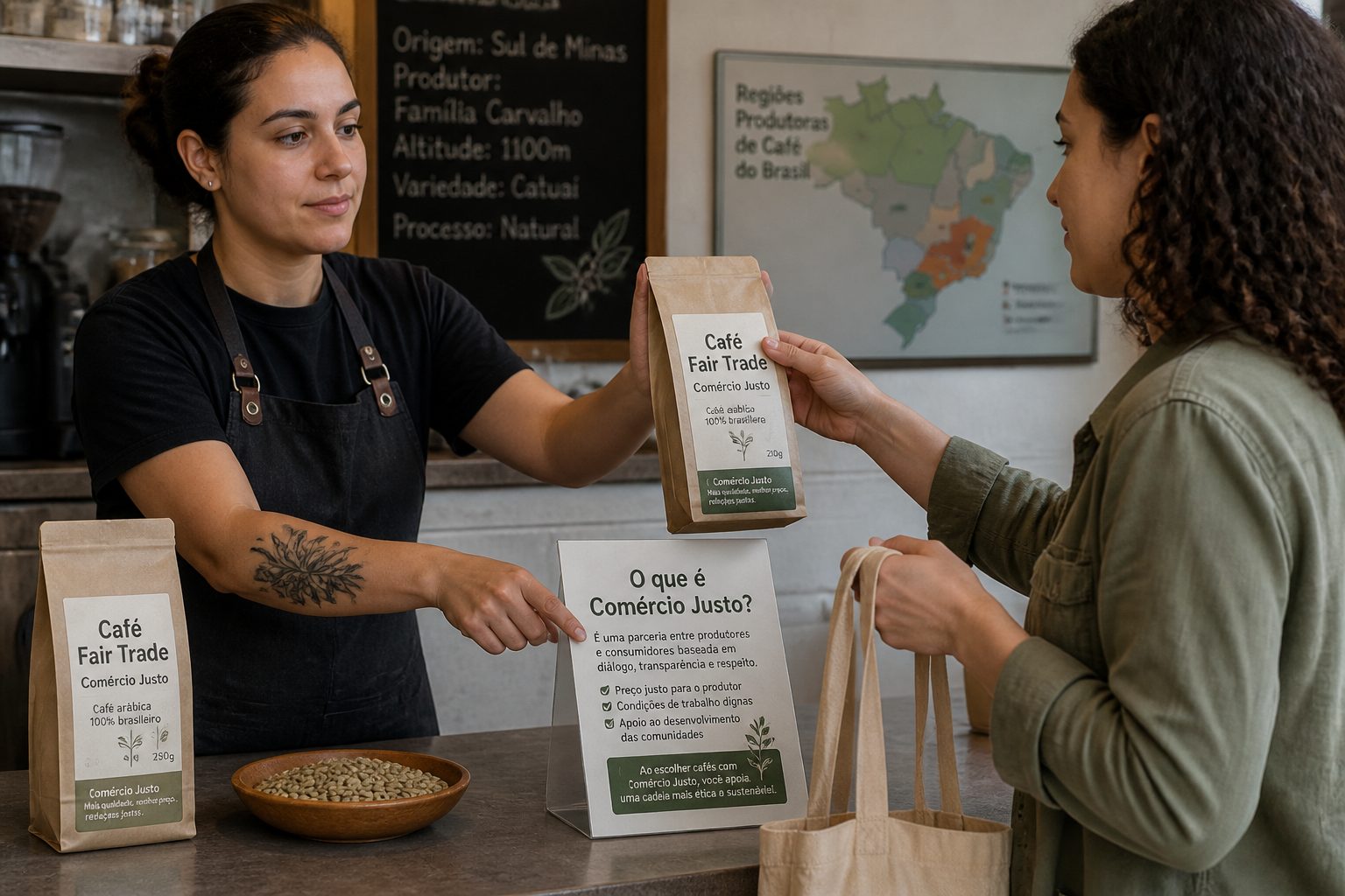 A barista hands a Fair Trade coffee bean bag to a customer in a specialty coffee shop.