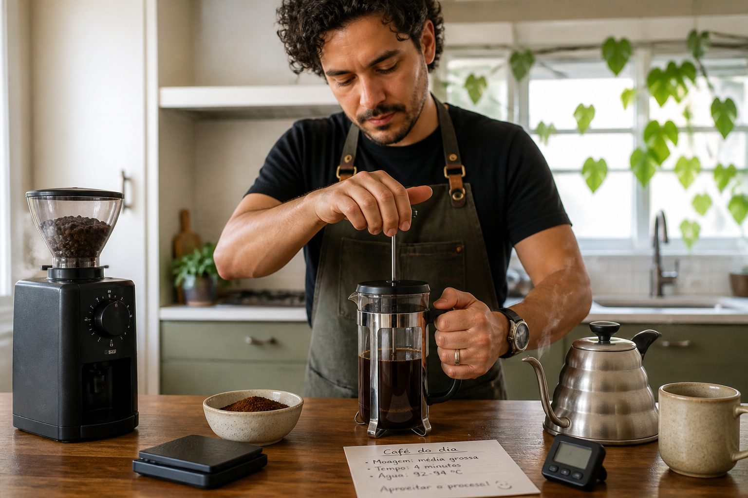 A barista presses down the plunger on a French press while brewing coffee on a kitchen counter.