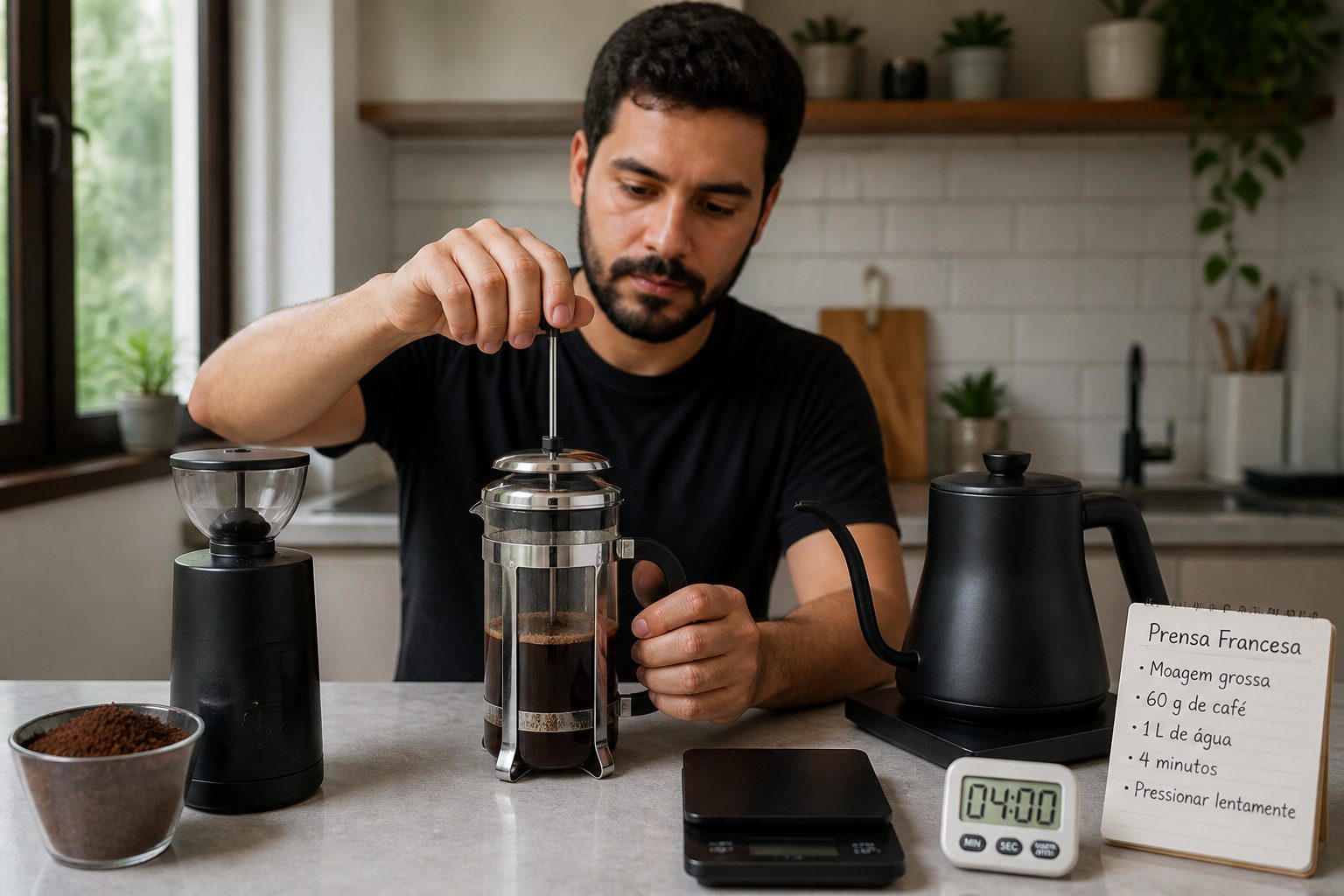 A barista presses the plunger on a French press while preparing coffee on a kitchen counter.