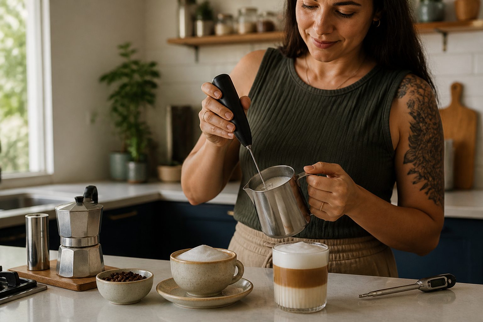 Woman frothing milk with a handheld frother in a home kitchen beside a cappuccino cup and a latte glass.