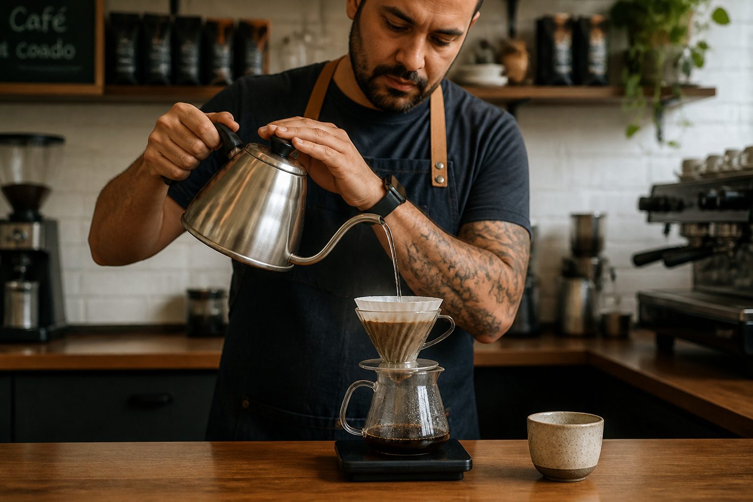 A barista uses a gooseneck kettle to pour hot water over coffee grounds in a pour over dripper on a counter.