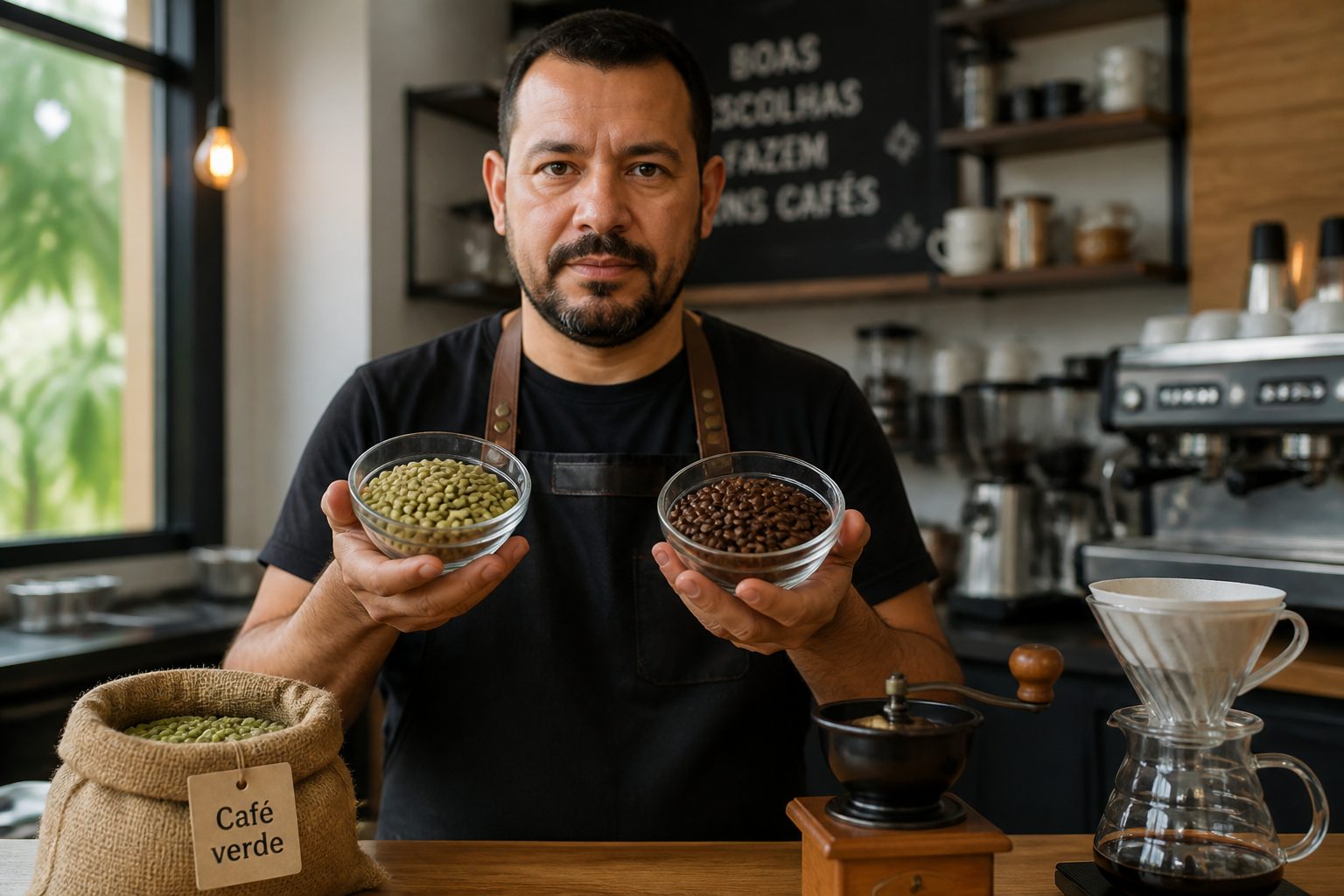 A barista holds a bowl of green coffee beans and a bowl of roasted coffee beans on a coffee bar.