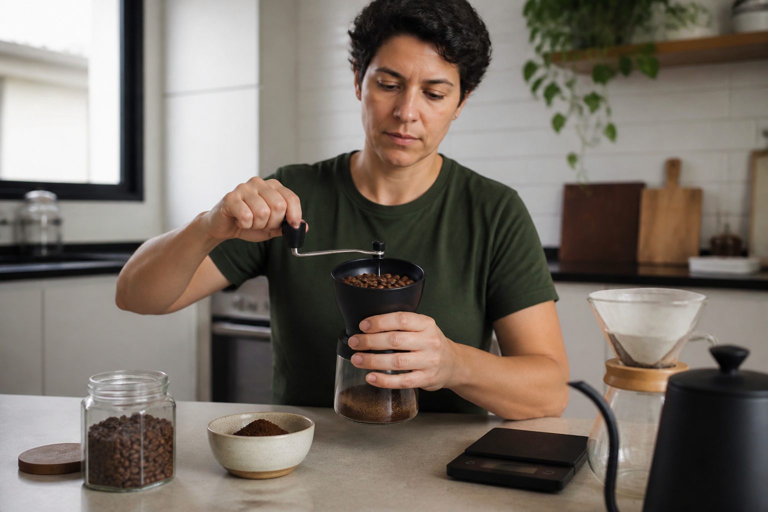 A Brazilian adult grinds coffee beans at home using a manual burr grinder on a kitchen counter with beans and ground coffee nearby.