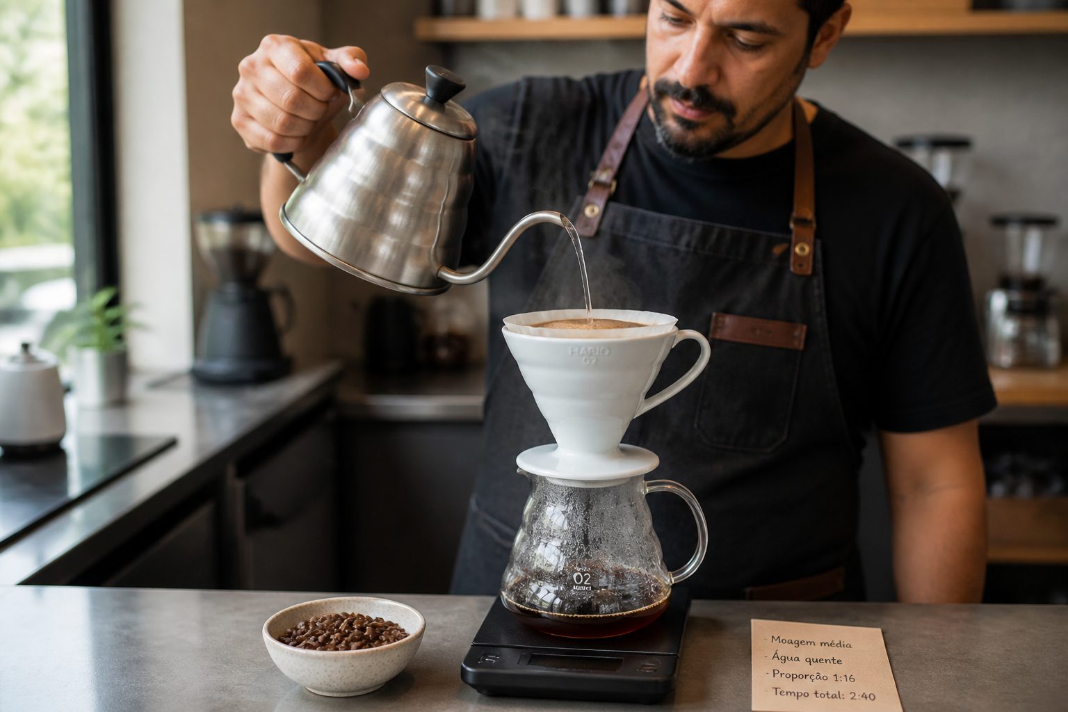 A Brazilian barista pours hot water from a gooseneck kettle into a Hario V60 dripper on a scale to brew pour over coffee.