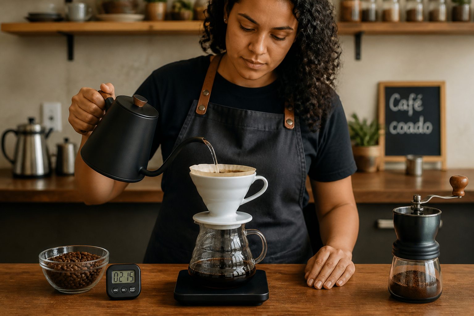 A Brazilian barista pours hot water from a gooseneck kettle into a Hario V60 dripper over coffee grounds on a scale at a coffee bar.
