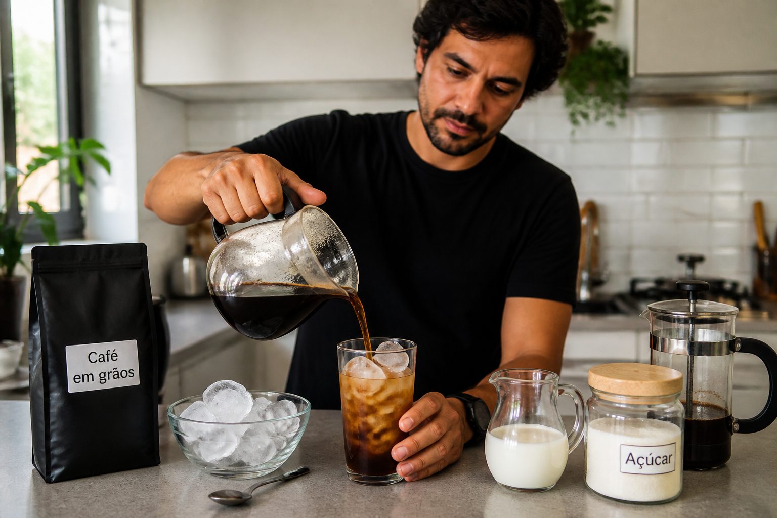 Adult person pours freshly brewed coffee into a glass of ice to make iced coffee in a home kitchen