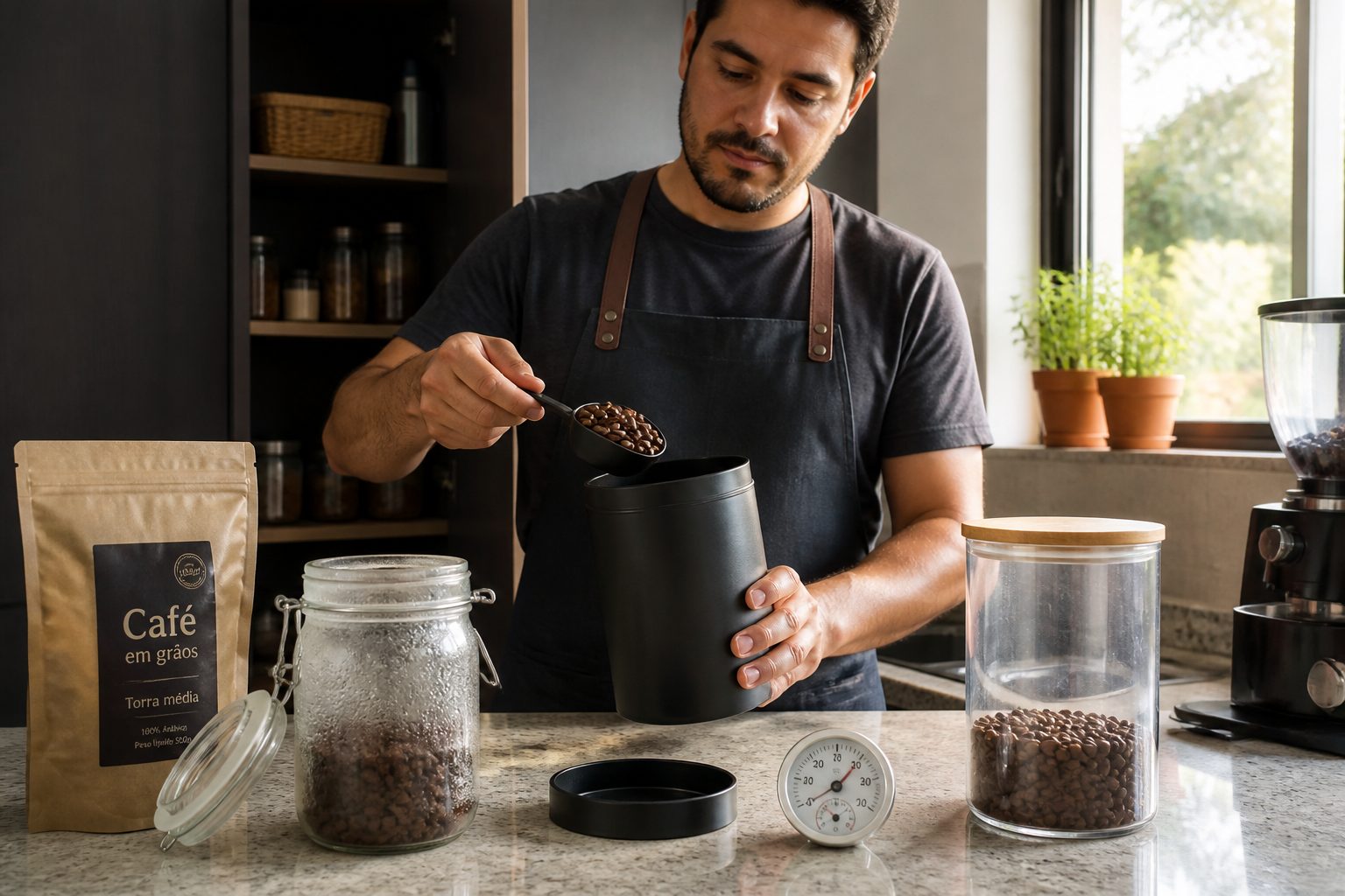 A man stores whole coffee beans in an airtight opaque container on a kitchen counter while other storage jars sit nearby.