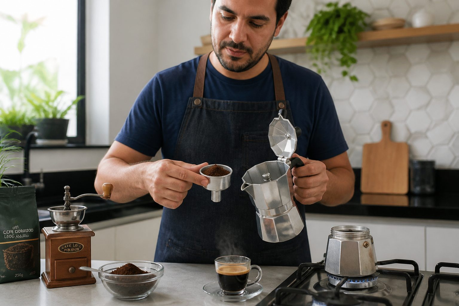 A man prepares an Italian moka pot on a kitchen counter, filling the filter basket with ground coffee and showing a cup of strong brewed coffee nearby.