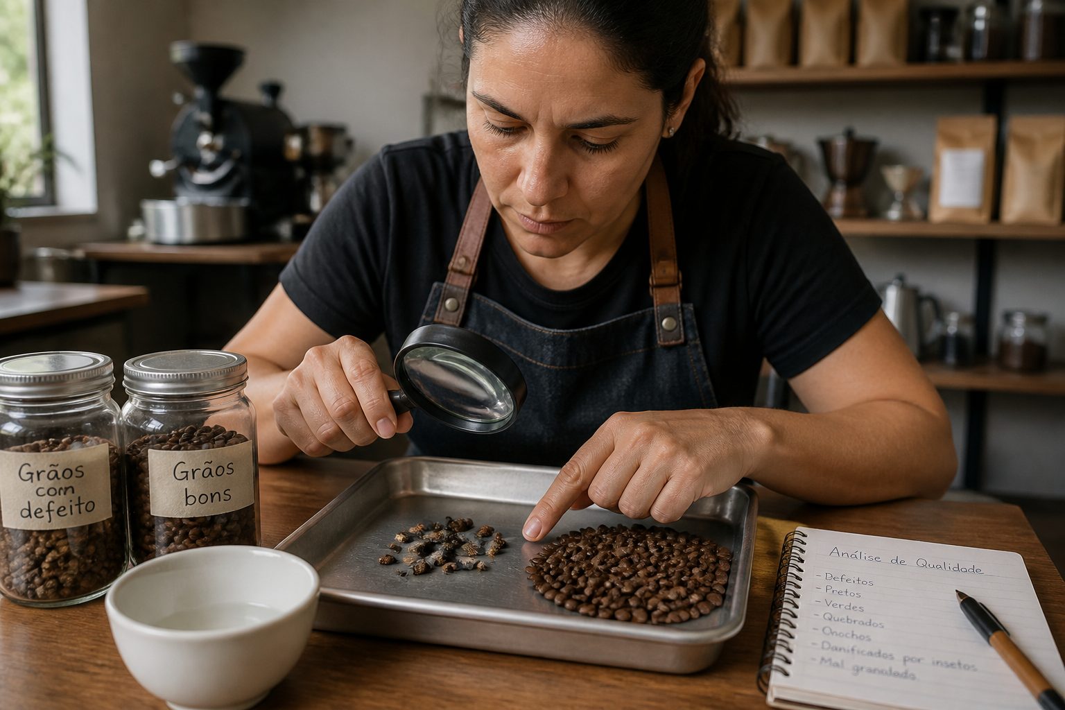 A coffee professional inspects coffee beans on a tray and separates defective beans from good beans using a spoon and magnifying glass.