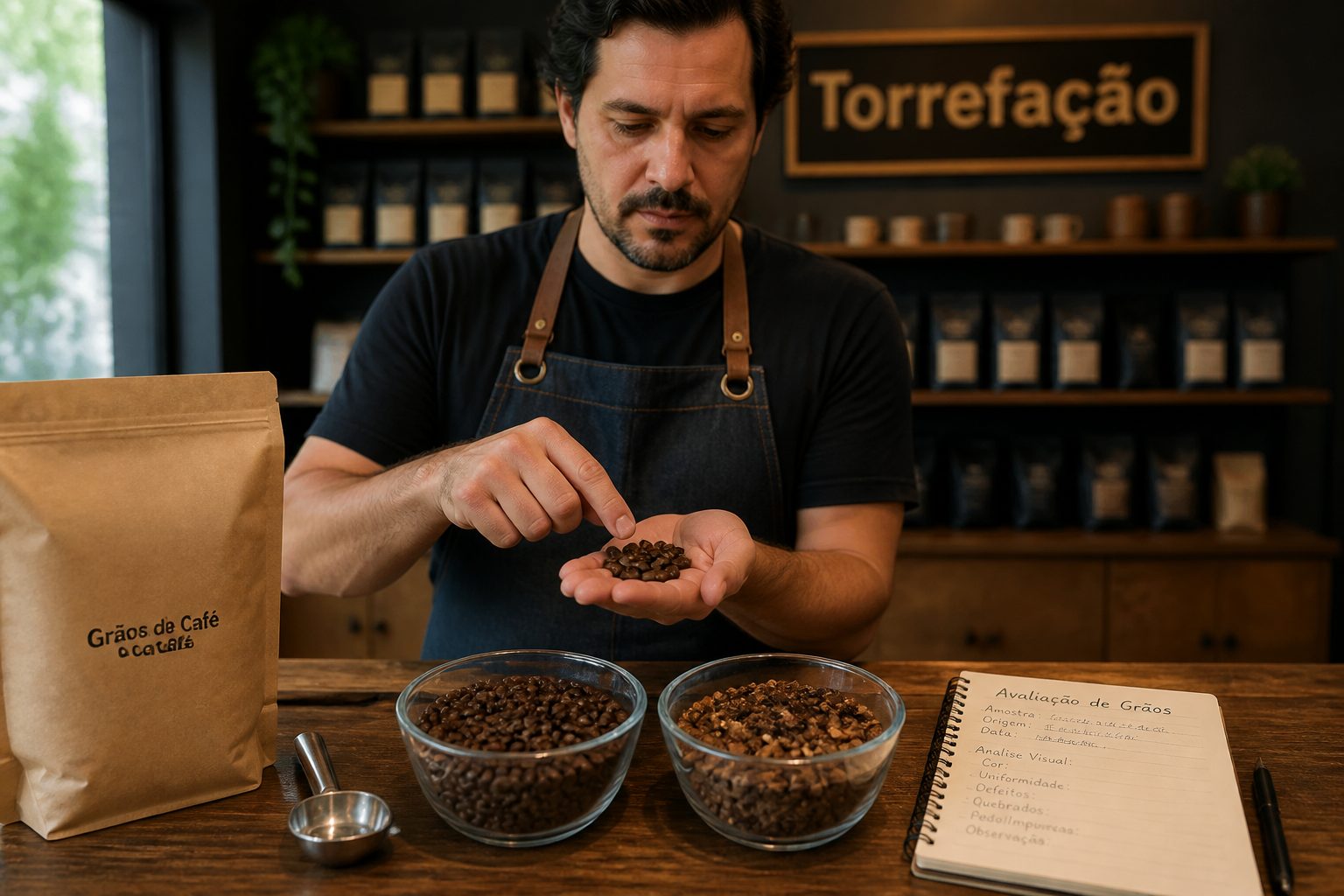 A Brazilian barista compares two bowls of coffee beans and inspects a handful of beans on a counter before buying.