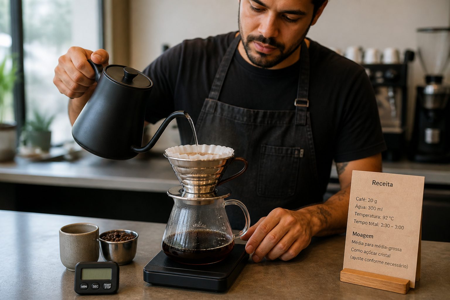 A barista pours hot water from a gooseneck kettle into a Kalita Wave dripper with a wavy paper filter on a coffee scale.