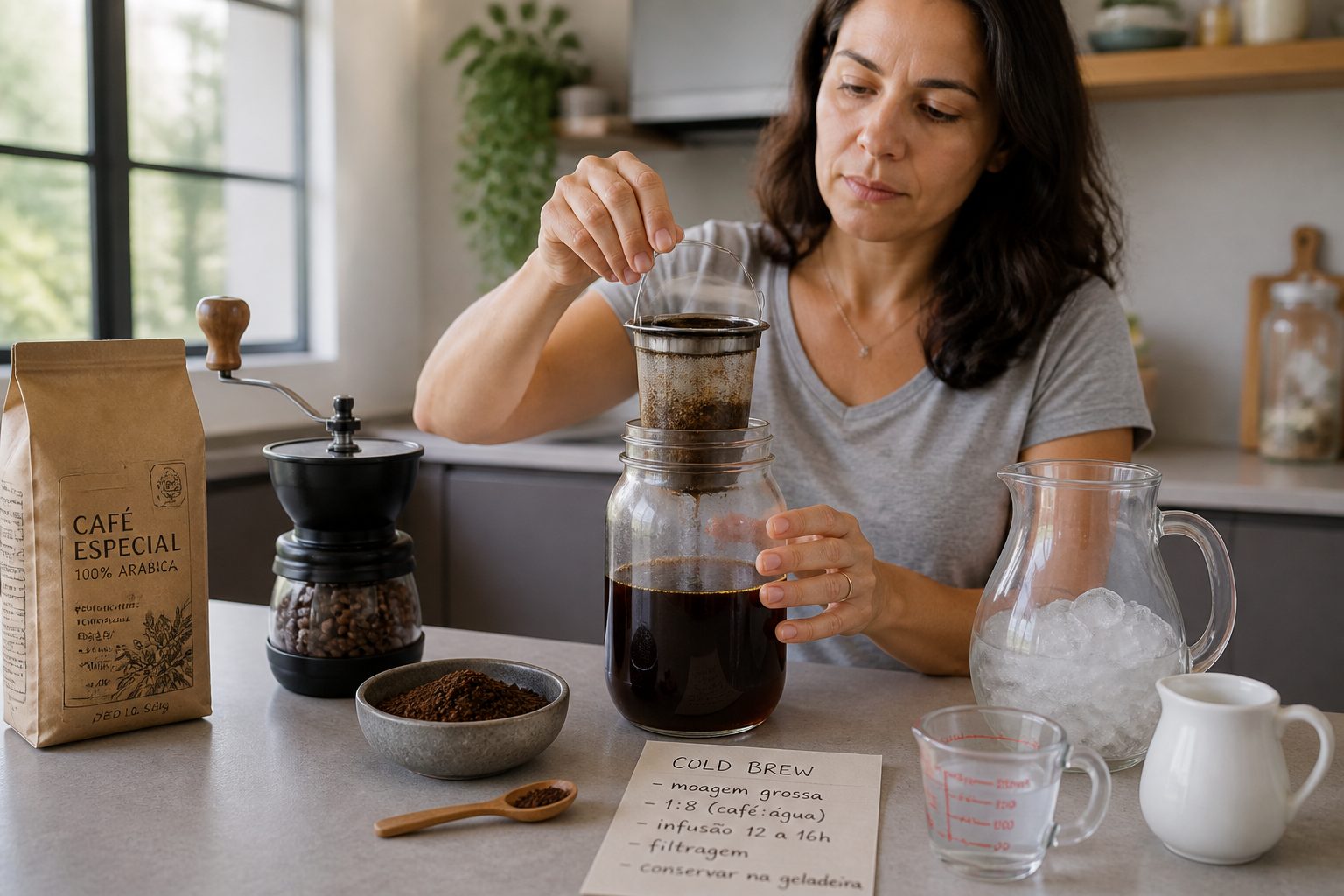 A woman prepares cold brew coffee at home by lifting the filter from a glass jar while coffee concentrate sits on the kitchen counter.