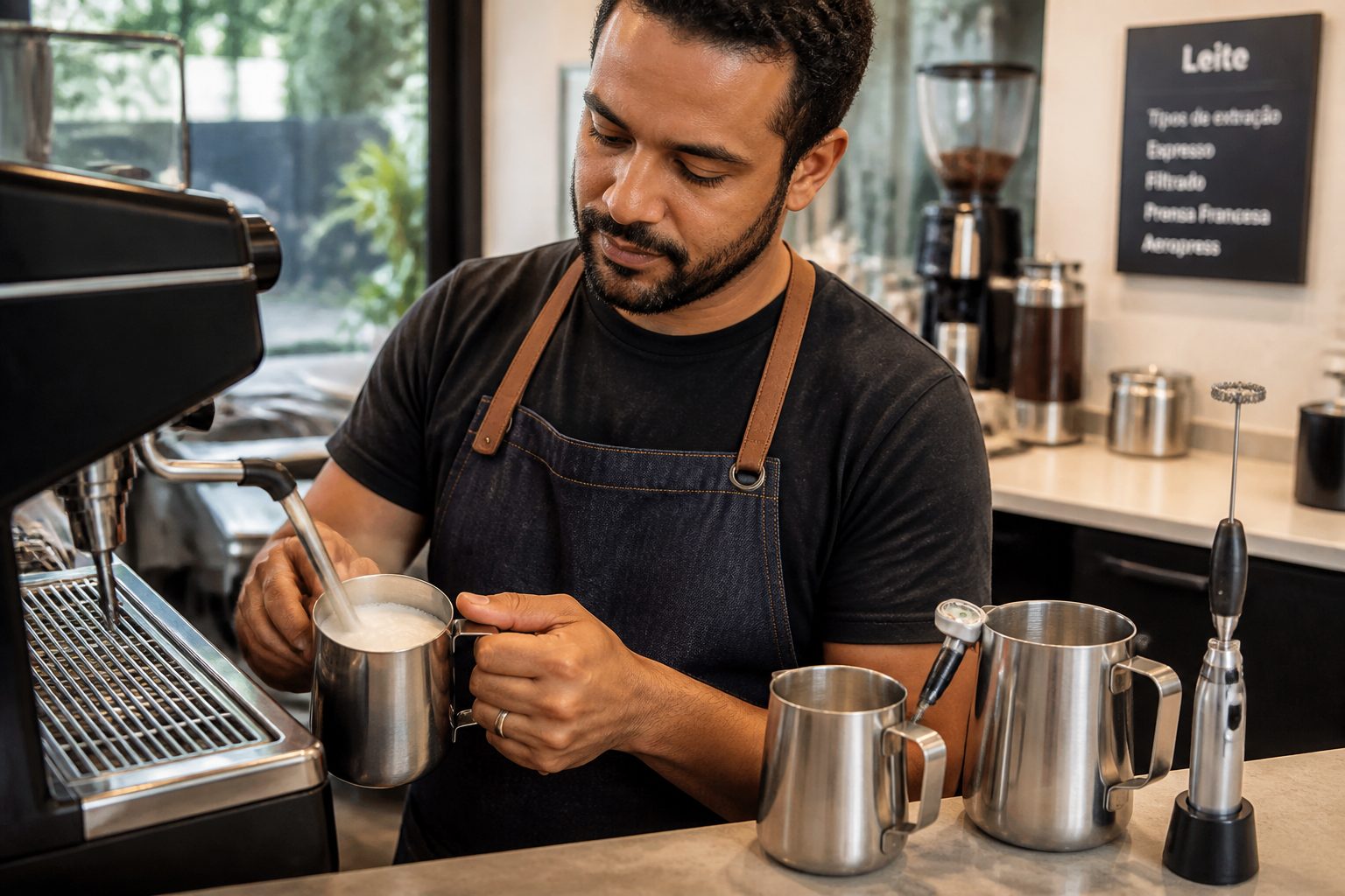 A barista steams milk with an espresso machine steam wand while holding a metal milk pitcher, with other pitchers and a handheld frother on the counter.