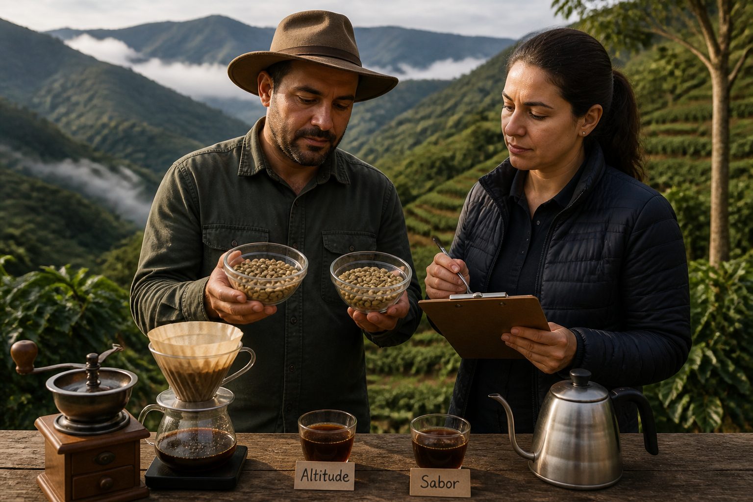 A Brazilian coffee farmer and a woman coffee taster compare coffee beans on a mountain plantation with brewed coffee and brewing tools on a table.