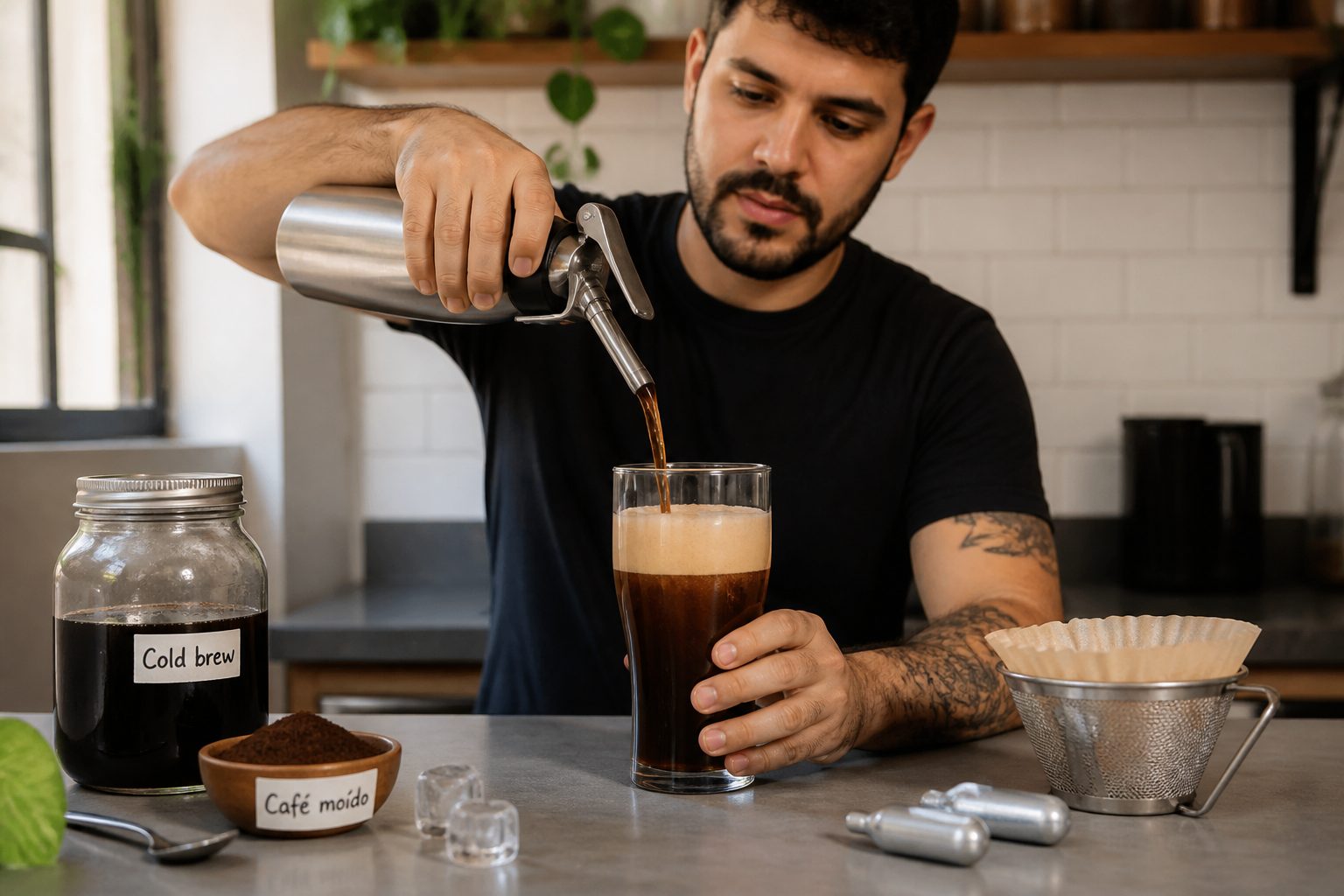 A barista in a home kitchen pours nitro cold brew coffee from a small dispenser into a glass, creating a creamy foam head.
