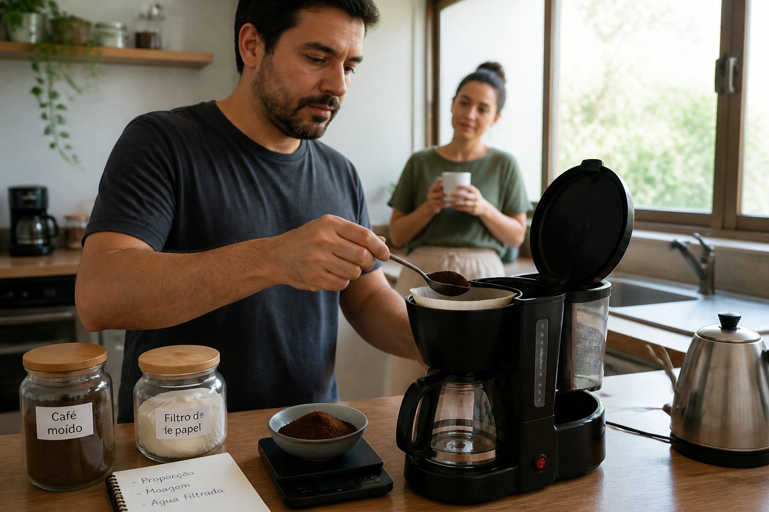 Man measures ground coffee into an electric drip coffee maker filter while a woman watches in a home kitchen.