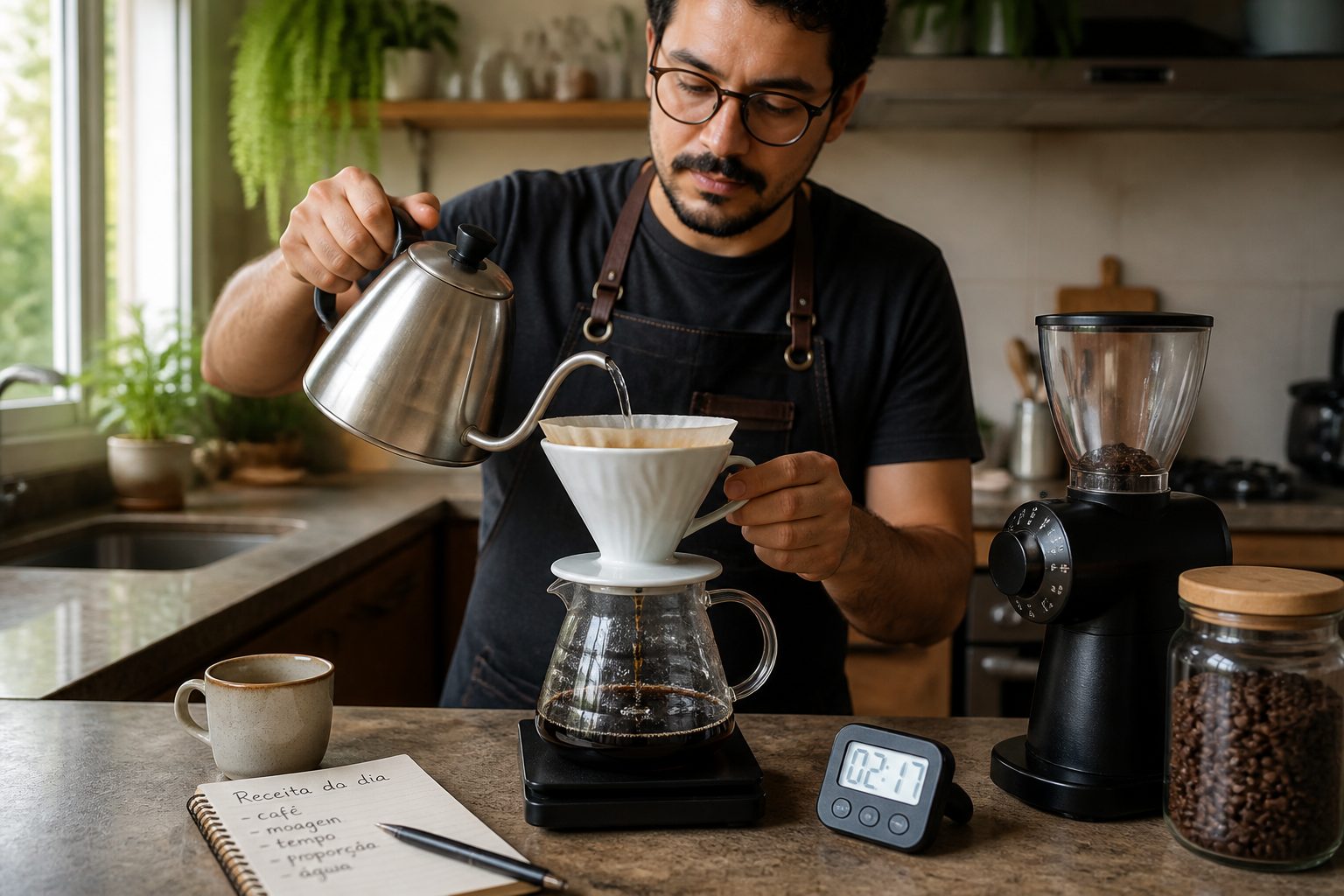 A barista pours hot water from a gooseneck kettle into a pour over dripper on a scale in a home kitchen.