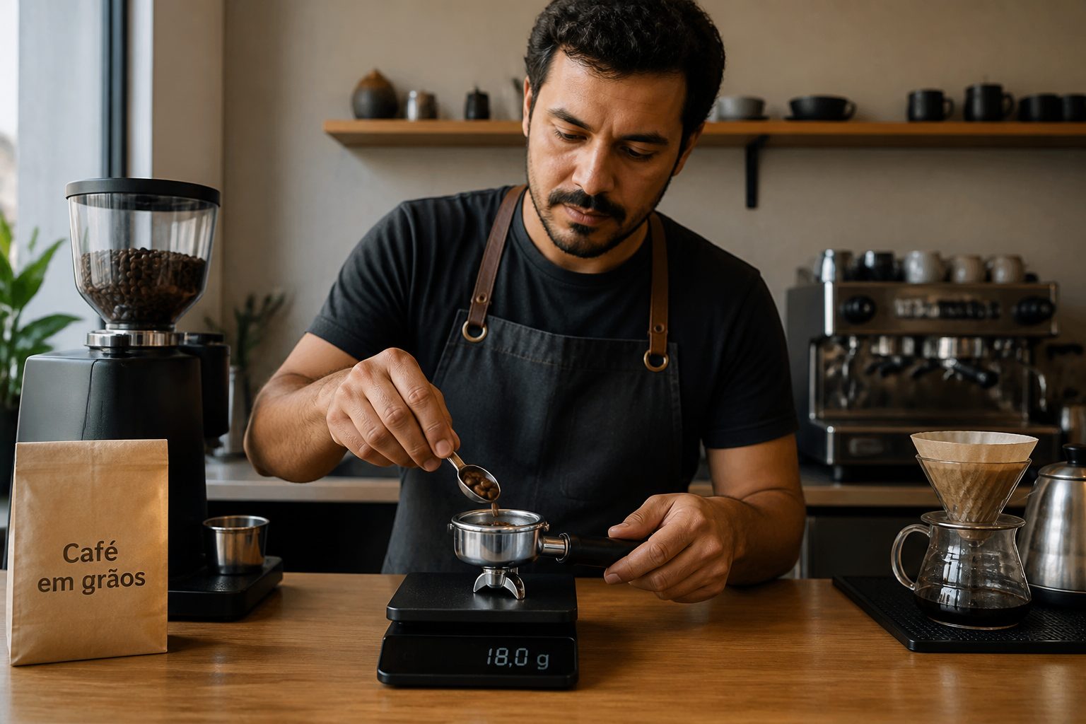 A barista weighs coffee beans on a precision digital scale on a coffee bar counter.