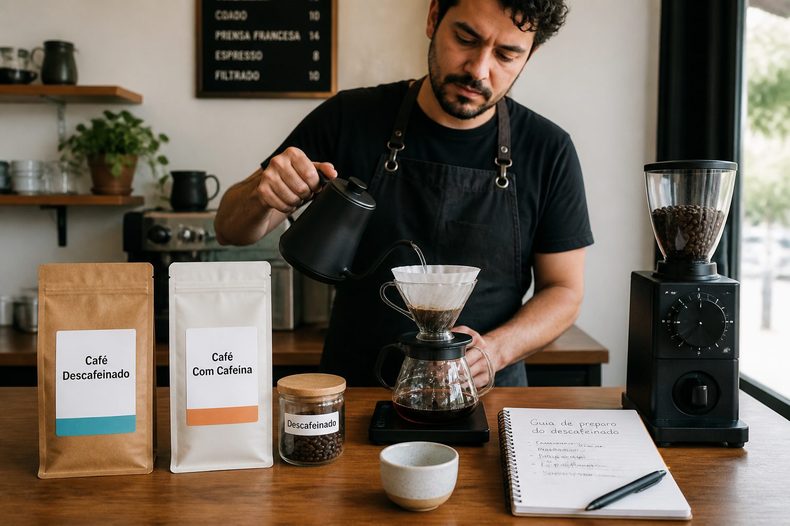A barista prepares decaffeinated pour over coffee at a coffee bar with a bag labeled in Portuguese as decaf on the counter.