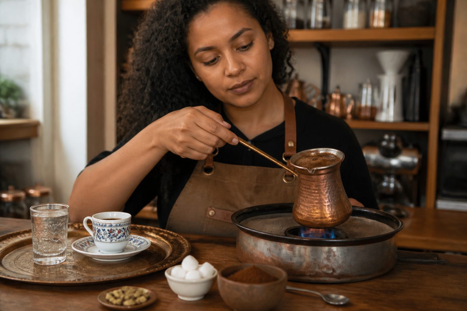 A barista prepares Turkish coffee in a copper cezve over heat with a demitasse cup and finely ground coffee on the counter.