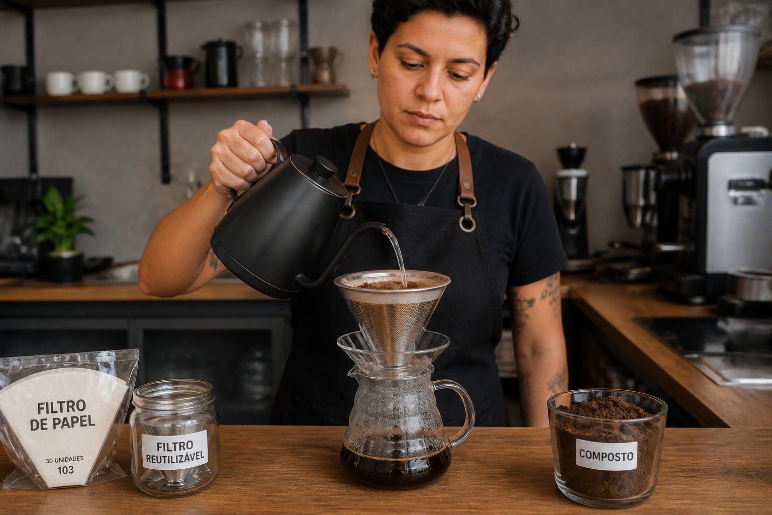 A barista pours hot water through a reusable metal coffee filter over a glass carafe, with paper filters nearby on the counter.