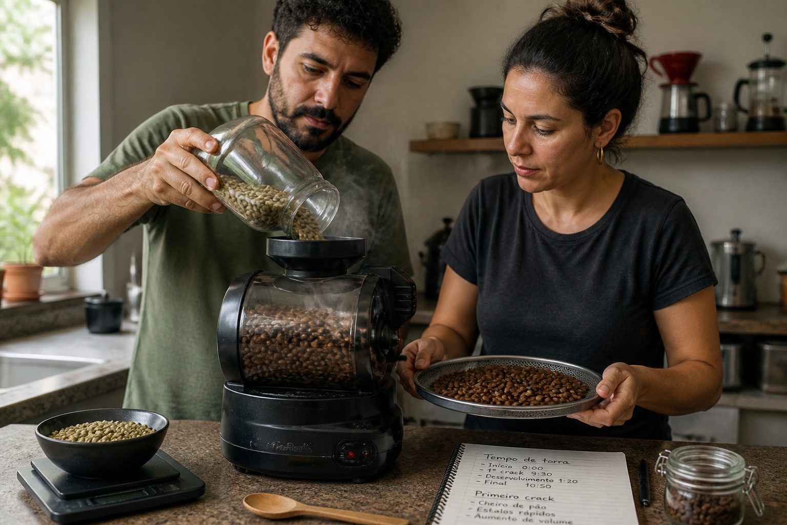 A man and a woman in a home kitchen roast coffee beans using a small domestic coffee roaster and a cooling tray.