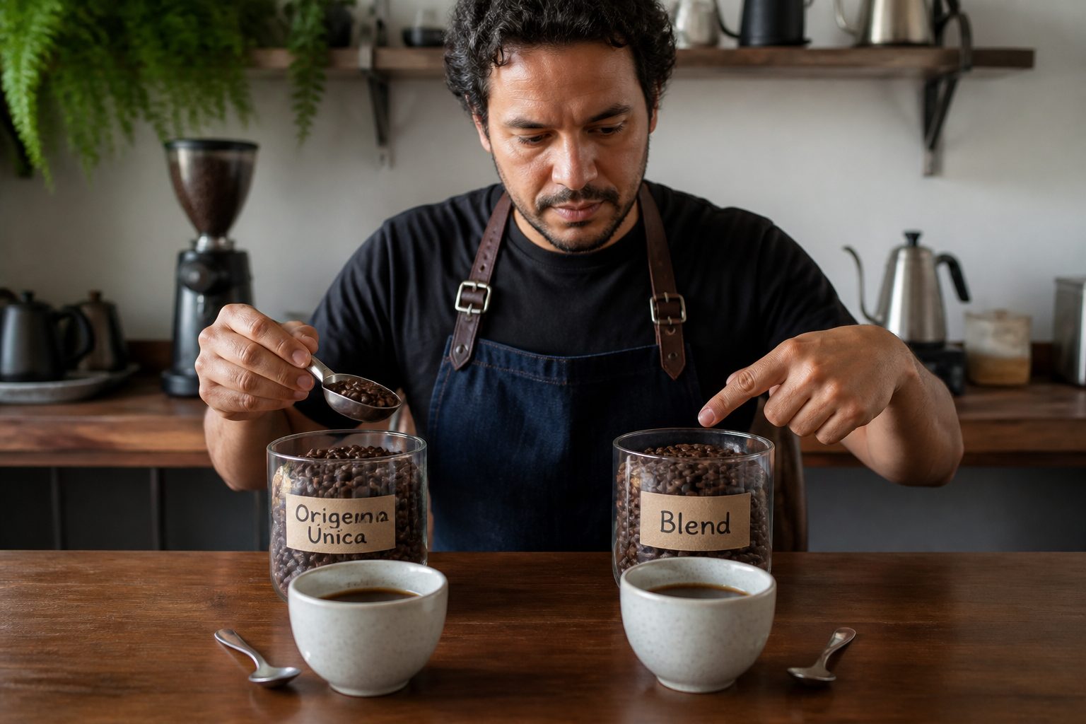 A Brazilian barista compares single origin coffee and blend beans on a table with two brewed cups of coffee.