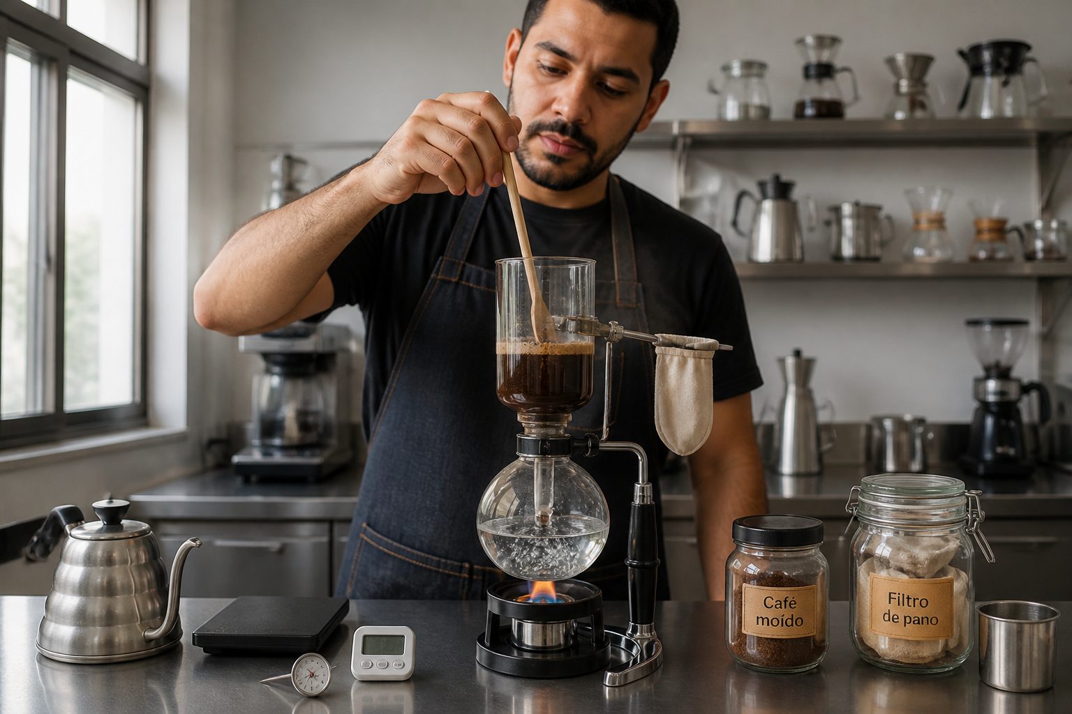 A barista in a coffee lab brews siphon coffee using a glass vacuum coffee maker on a counter.