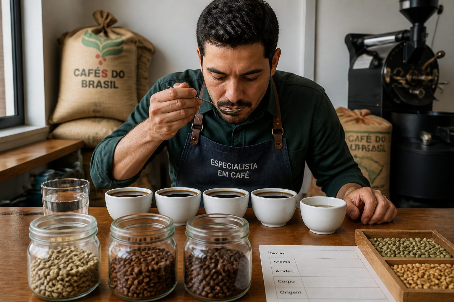 A man in a specialty coffee lab evaluates different high quality coffee beans during a cupping session with bowls and tasting notes on the table.