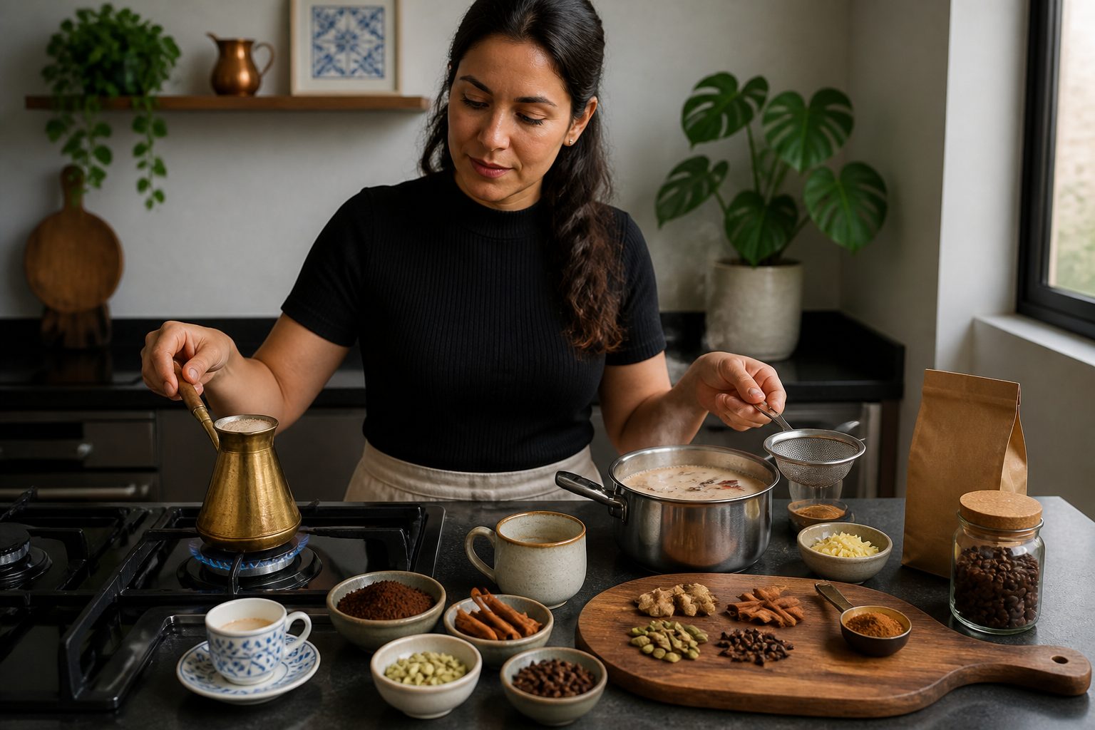 Woman barista prepares Arabic coffee in a cezve and Indian masala coffee in a saucepan with spices on a kitchen counter.